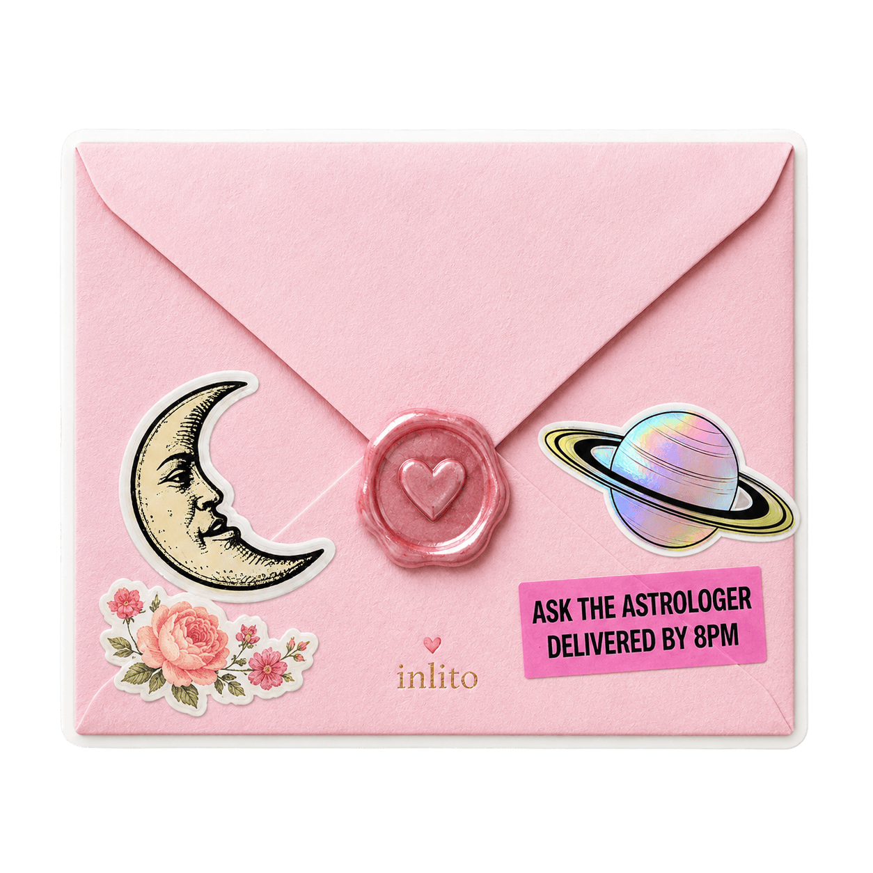 Sealed pink envelope with astrology stickers